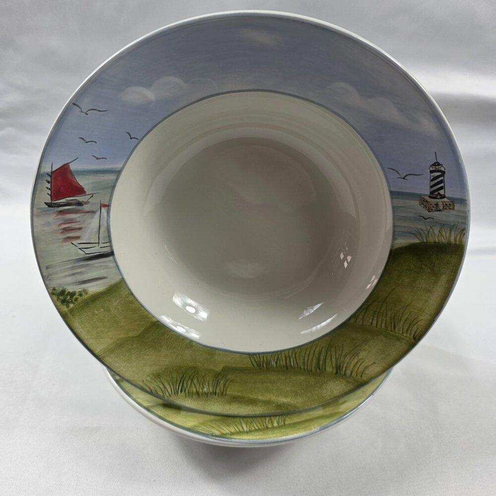 TWO Sakura Nantucket Shoreline Rim Soup Bowls Lighthouses, Birds Grass